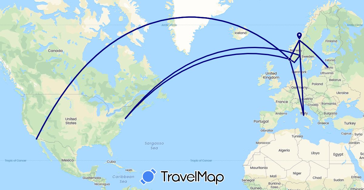 TravelMap itinerary: driving in Italy, Latvia, Norway, United States (Europe, North America)